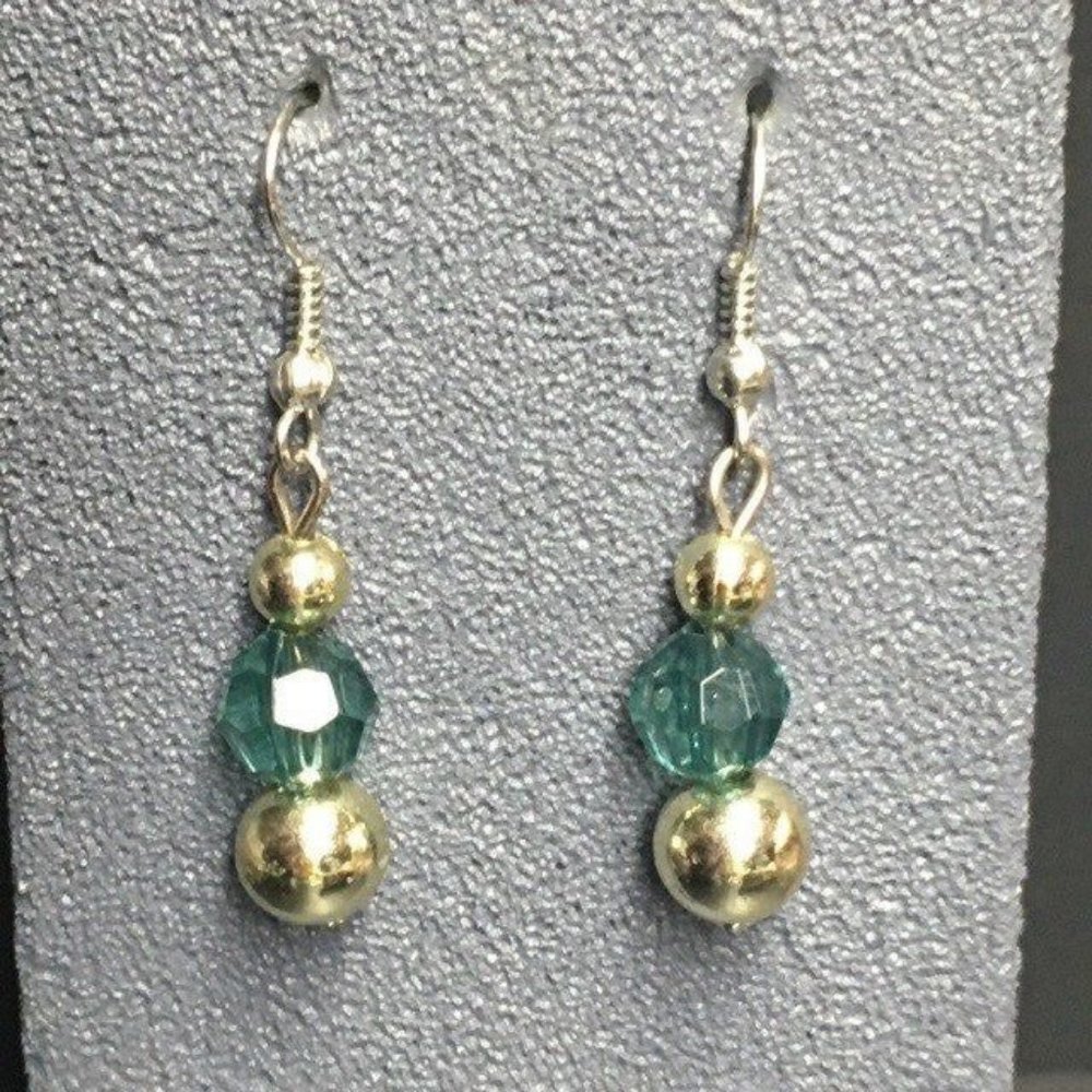 Dangle Drop Pierced Earrings Faceted Teal Round Silver Hook Retro BoHo Soft Girl